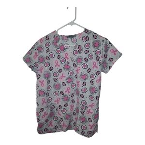 Pink Ribbon Heart Print Women's Scrub Top
